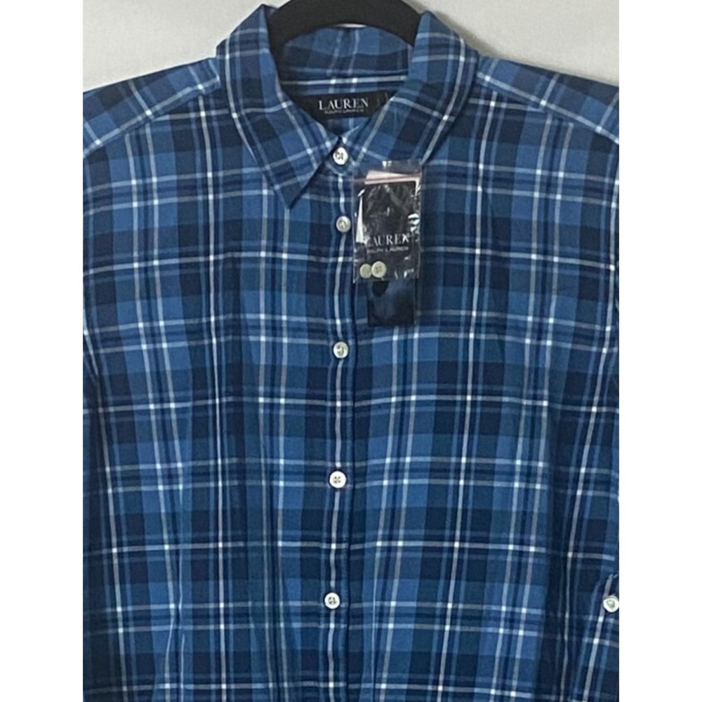 Lauren‎ Ralph Lauren Women Top Shirt Petite PS Blue Plaid Roll Tab Sleeves NWT